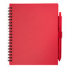 A red spiral-bound notebook with a pen attached. The notebook features a smooth cover and a sleek design.