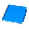 A blue recycled PP journal with a spiral binding and a matching pen attached. It has a logo on the cover.