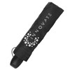 A black recycled tipless umbrella with a sleeve and a branding logo.