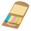 A pack of sticky notes in yellow, blue, pink, green, and orange, presented in a brown kraft folder with a logo.