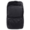 A black backpack featuring multiple zippered compartments and a logo on the front.