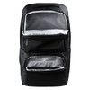 A black backpack with multiple compartments, featuring a zipper closure and a sleek design.