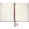 A black diary with lined pages and a red and blue ribbon bookmark. It has a logo on the cover.