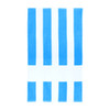 A beach towel featuring blue and white stripes with a central band. It has a logo in one corner.