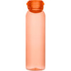 An orange water bottle made from recycled plastic, featuring a secure lid and a sleek design.