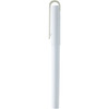 A white rollerball pen with a clip, featuring a sleek and minimalist design. It has a logo on the body.