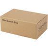 A recycled cardboard box containing a stainless steel lunch box in a natural brown colour, featuring branding.