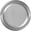 A round stainless steel tray with a smooth, shiny surface and raised edges. It has a simple, modern design.