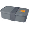 A grey lunch box with a lid secured by a grey strap, featuring a simple illustration on top.