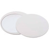 A round white makeup mirror with a reflective surface, featuring a sleek design and a branded logo.