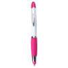 A pink and white ballpoint pen with a silver clip and a stylus tip. It has a smooth grip for comfort.