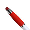 A ballpoint pen with a white body, red rubber grip, and a silver clip at the top. It features a logo.