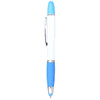 A ballpoint pen with a white body, blue accents, and a clip, featuring a branding logo.
