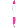 A pink ballpoint pen with a white body and a pink highlighter tip and grip, featuring a decorative logo.