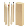 A set of six coloured pencils in red, green, yellow, blue, black, and brown, with a plain cardboard box.
