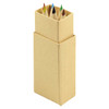 A set of six coloured pencils in a rectangular cardboard holder, featuring various colours including red, green, and blue.