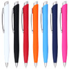 A collection of Odin Click Action Ballpoint Pens in white, black, red, orange, blue, navy, and pink, each with a logo.