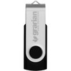 A silver and black USB flash drive with a branding logo and a swivel design.