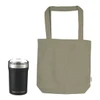 A black drink bottle with a silver lid next to a khaki tote bag, both featuring a logo.