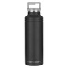 A drink bottle in matte black with a silver cap, featuring a logo on the base.