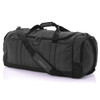 A grey duffle bag with multiple zippered pockets and a removable shoulder strap. It features a logo.