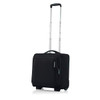A black wheeled underseater suitcase with a retractable handle and a logo.