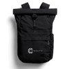 A black rolltop backpack featuring adjustable straps and a front pocket. It has a logo on the front.