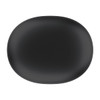 A pair of wireless earbuds in black, presented in a sleek, rounded charging case with a minimalist design.