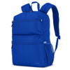 A blue backpack featuring multiple zippered compartments and mesh side pockets, with padded shoulder straps.