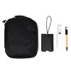 A black travel pack with a drink bottle, a pen, a cardholder, and a small strap accessory.
