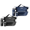 A blue and a black tote bag with drink bottles and a coffee cup, featuring a logo on each item.