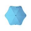 A light blue umbrella with a star-shaped design and a central hub. It features a logo on the top.