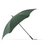 A green umbrella with a sleek design and a curved canopy, featuring a black handle and a logo.