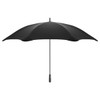 A black sport umbrella with a sturdy design and a handle, featuring a logo on the shaft.