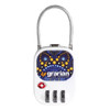 A TSA lock with a colourful patterned design and branding, featuring a metal shackle and a combination dial.