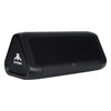 A black outdoor speaker with a triangular design and a logo on the side. It features a textured speaker grille.