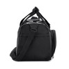 A black duffel bag with a mesh pocket and adjustable strap. It features a sturdy handle and a sleek design.