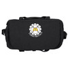 A black duffel bag with a logo featuring a gear and a character design.
