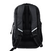 A black backpack with padded adjustable shoulder straps and a structured back panel. Features a logo on the front.