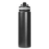 A drink bottle in black with a silver lid and a logo on its surface. It has a double wall design and holds 800ml.