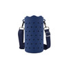 A drink bottle bag in navy blue with star cut-outs and a shoulder strap, featuring a logo.