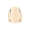 A drink bottle bag in cream with star cut-outs and a beige strap, featuring a logo.