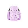 A drink bottle bag in lilac with star cut-outs, featuring a purple strap and a logo.