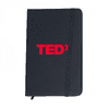 A black notebook with an elastic band closure and a red logo on the front.