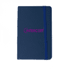 A navy blue notebook with a band, featuring a logo on the cover.
