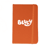 An orange notebook featuring a white logo on the front and an elastic band.