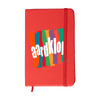 A red Minichroma A6 Notebook with a colourful design and an elastic band closure. It features a logo on the front.