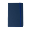 A navy blue A6 notebook with a ribbon band and a logo on the cover.