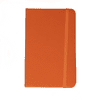 An orange notebook with a textured cover and a matching elastic band. It features branding on the front.
