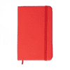 A red A6 notebook with an elastic band closure and a ribbon bookmark. It features a smooth surface.